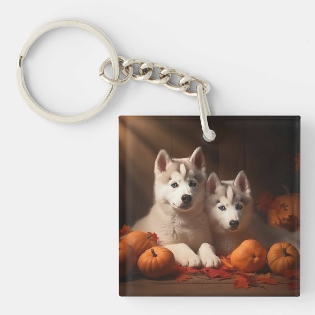 Siberian Husky Puppy Autumn Delight Pumpkin  Key Ring (Front)