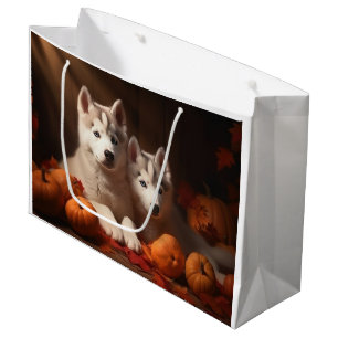 Siberian Husky Puppy Autumn Delight Pumpkin  Large Gift Bag