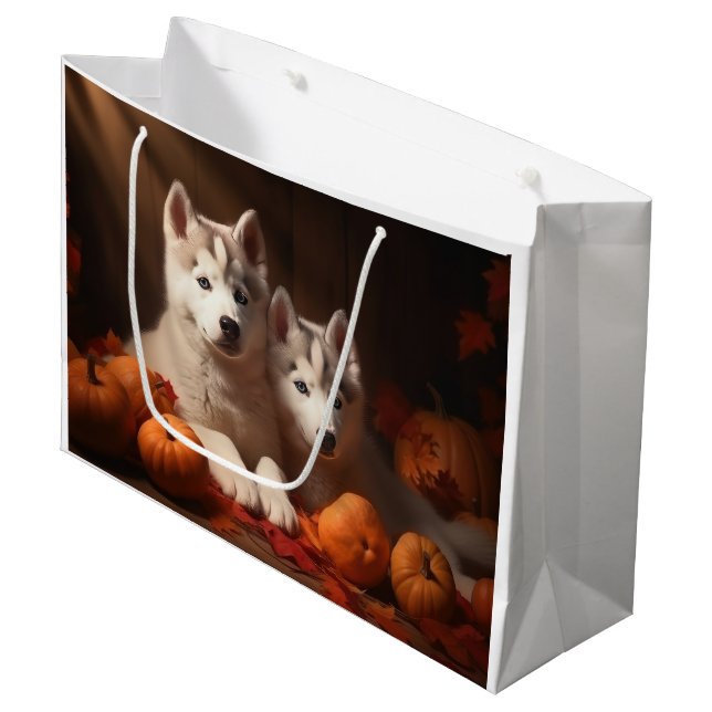Siberian Husky Puppy Autumn Delight Pumpkin  Large Gift Bag (Front Angled)