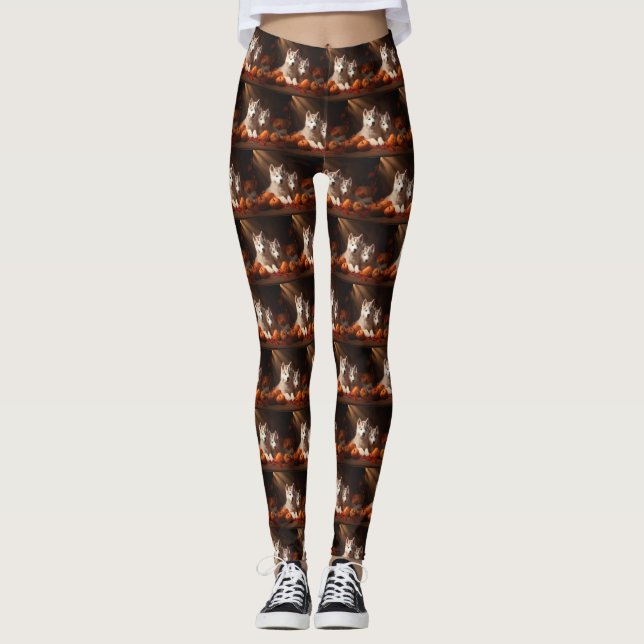 Siberian Husky Puppy Autumn Delight Pumpkin  Leggings (Front)