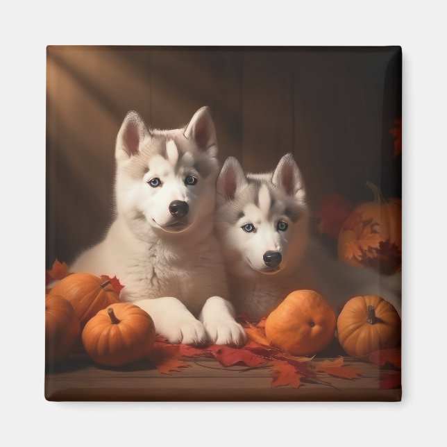 Siberian Husky Puppy Autumn Delight Pumpkin  Magnet (Front)