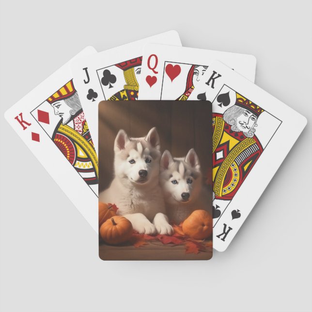 Siberian Husky Puppy Autumn Delight Pumpkin  Playing Cards (Back)