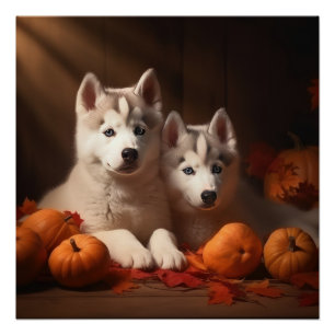 Siberian Husky Puppy Autumn Delight Pumpkin  Poster