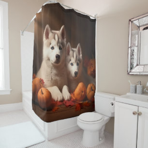 Siberian Husky Puppy Autumn Delight Pumpkin  Shower Curtain