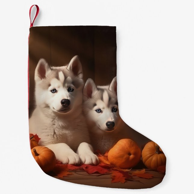 Siberian Husky Puppy Autumn Delight Pumpkin  Small Christmas Stocking (Front)