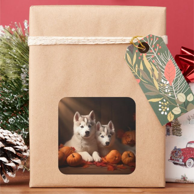 Siberian Husky Puppy Autumn Delight Pumpkin  Square Sticker (Holiday)