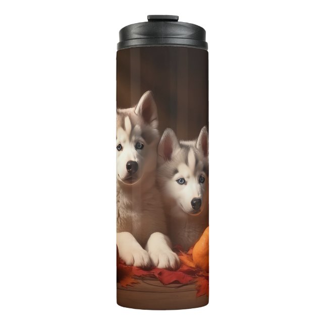 Siberian Husky Puppy Autumn Delight Pumpkin  Thermal Tumbler (Front)