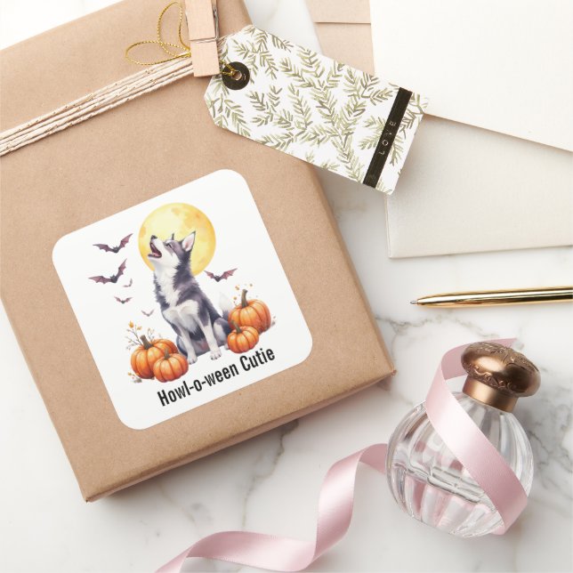 Siberian Husky Puppy Halloween Watercolor Square Sticker (Gifting)