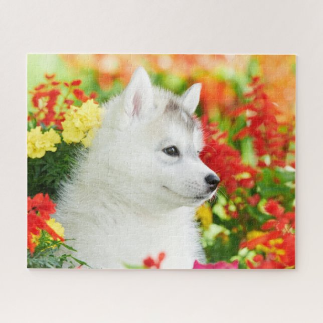 Siberian Husky Puppy in Flowers puzzle (Horizontal)