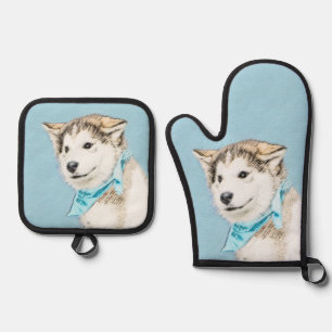 Siberian Husky Puppy Painting Copper Red Dog Art Oven Mitt & Pot Holder Set