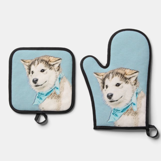 Siberian Husky Puppy Painting Copper Red Dog Art Oven Mitt & Pot Holder Set (Front)