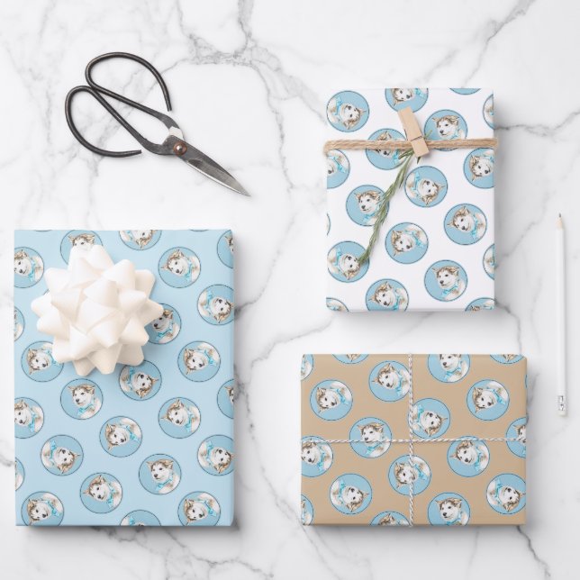 Siberian Husky Puppy Painting Copper Red Dog Art Wrapping Paper Sheet (Front)