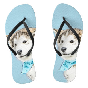 Siberian Husky Puppy Painting - Original Dog Art Flip Flops