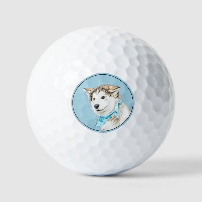 Siberian Husky Puppy Painting - Original Dog Art Golf Balls (Front)