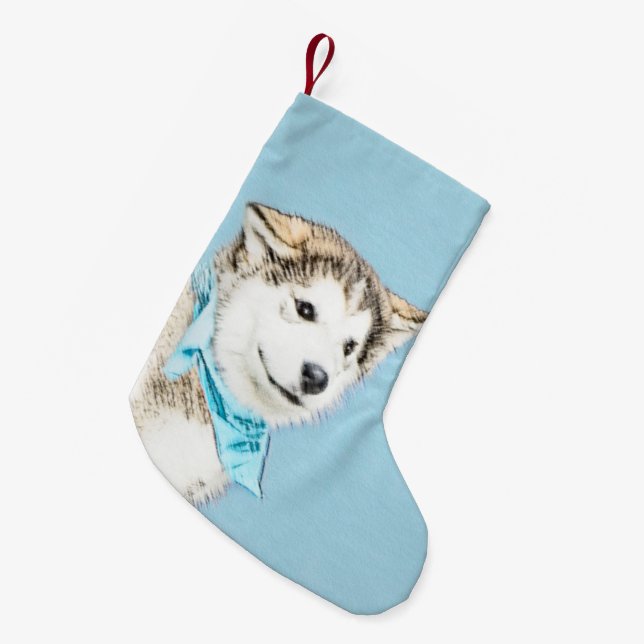 Siberian Husky Puppy Painting - Original Dog Art Small Christmas Stocking (Front (Hanging))