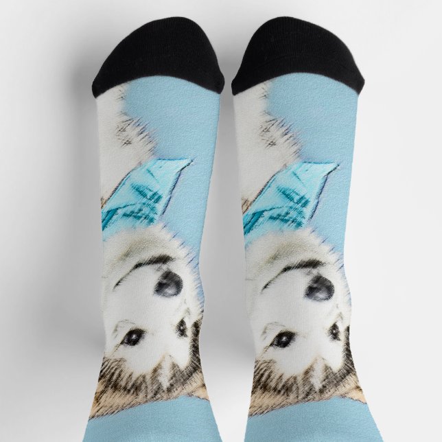 Siberian Husky Puppy Painting - Original Dog Art Socks (Top)