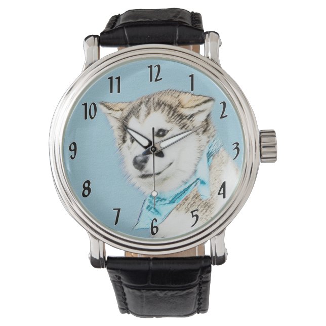 Siberian Husky Puppy Painting - Original Dog Art Watch (Front)