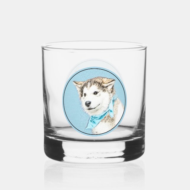 Siberian Husky Puppy Painting - Original Dog Art Whiskey Glass (Front)