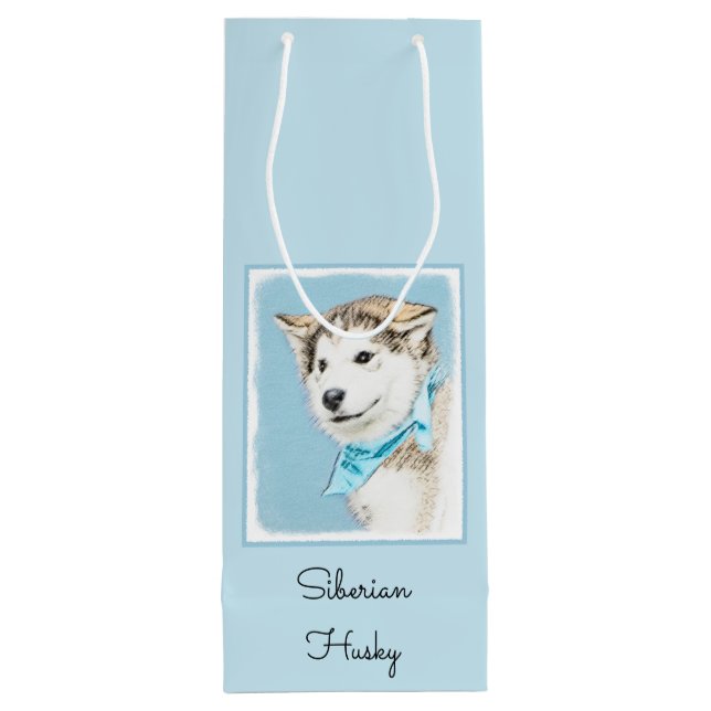 Siberian Husky Puppy Painting - Original Dog Art Wine Gift Bag (Back)