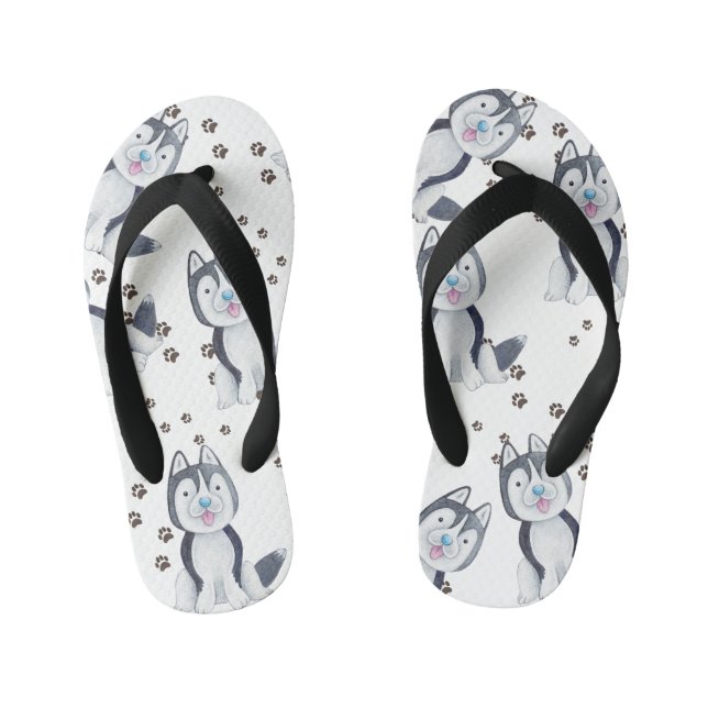 Siberian Husky Puppy Pet Dog Tracks Paw Prints Kid's Flip Flops (Footbed)