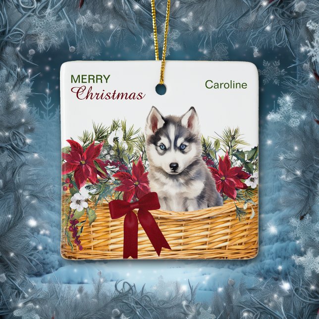 Siberian Husky Puppy Poinsettia Christmas Basket Ceramic Ornament (Creator Uploaded)