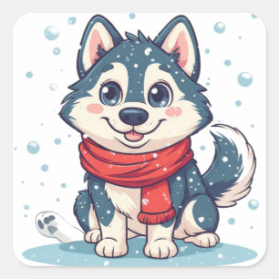 Siberian Husky Puppy With Red Scarf In Snow Square Sticker