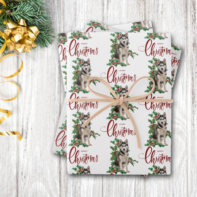 Siberian Husky Red Berry Holly Christmas Wrapping Paper Sheet (Creator Uploaded)