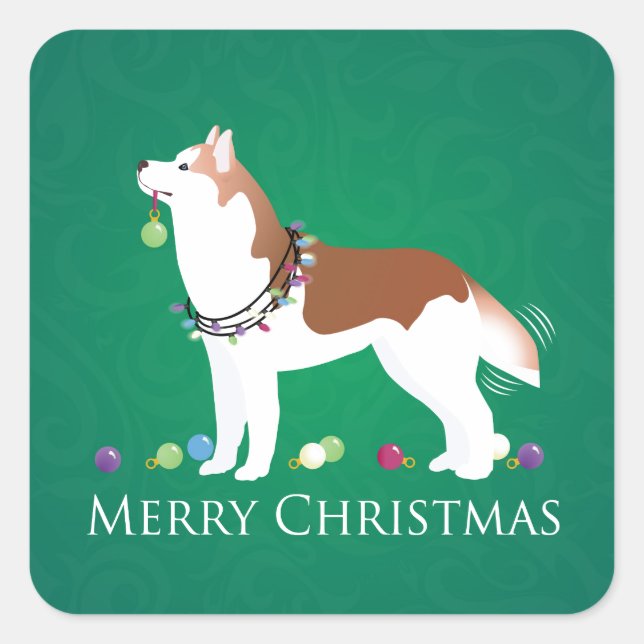 Siberian Husky - Red - Merry Christmas Design Square Sticker (Front)