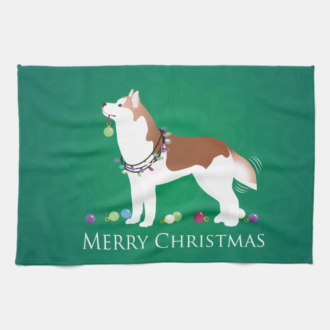 Siberian Husky - Red - Merry Christmas Design Tea Towel (Horizontal)