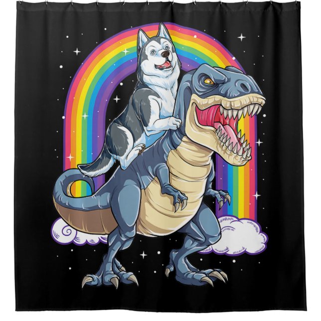 Siberian Husky Riding Dinosaur T Rex Gifts Boys Shower Curtain (Front)