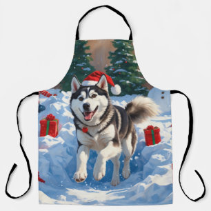 Siberian Husky Running in Snow with Christmas Hat Apron