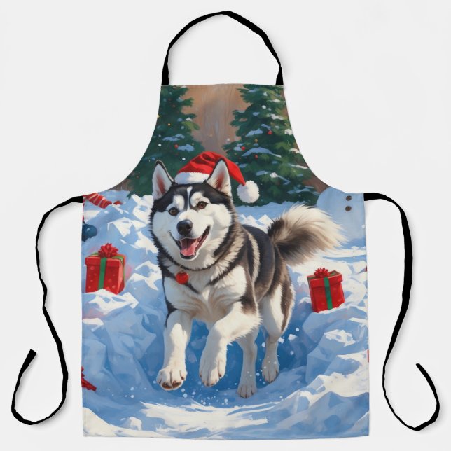 Siberian Husky Running in Snow with Christmas Hat Apron (Front)