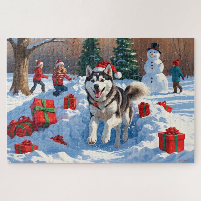 Siberian Husky Running in Snow with Christmas Hat Jigsaw Puzzle (Horizontal)