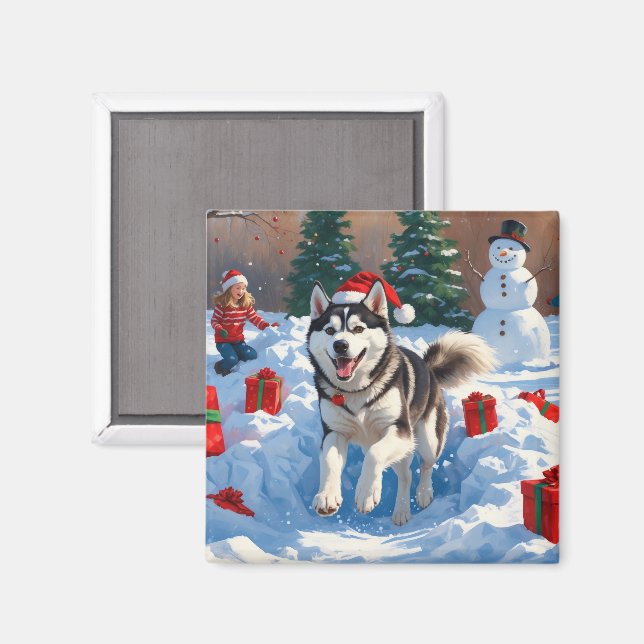 Siberian Husky Running in Snow with Christmas Hat Magnet (Front/Back)