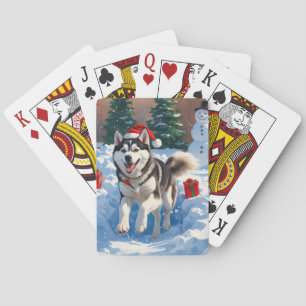Siberian Husky Running in Snow with Christmas Hat Playing Cards
