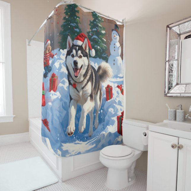 Siberian Husky Running in Snow with Christmas Hat Shower Curtain (In Situ)