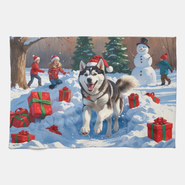 Siberian Husky Running in Snow with Christmas Hat Tea Towel (Horizontal)