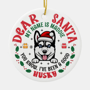 Siberian Husky Santa Christmas Custom Dog Name Ceramic Tree Decoration