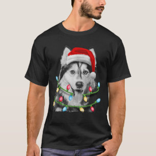 Siberian Husky Santa Christmas Tree Lights Xmas Bo T-Shirt