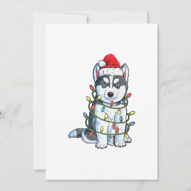 Siberian Husky Santa Christmas Tree Lights Xmas Holiday Card (Front)