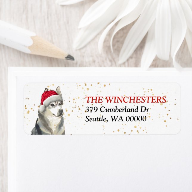 Siberian Husky Santa Hat Address Label (Insitu)