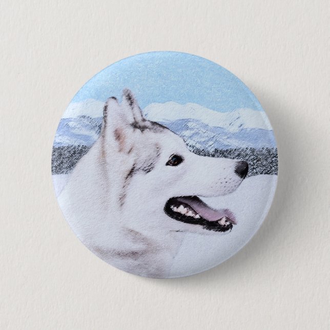 Siberian Husky (Silver and White) Painting Dog Art 6 Cm Round Badge (Front)