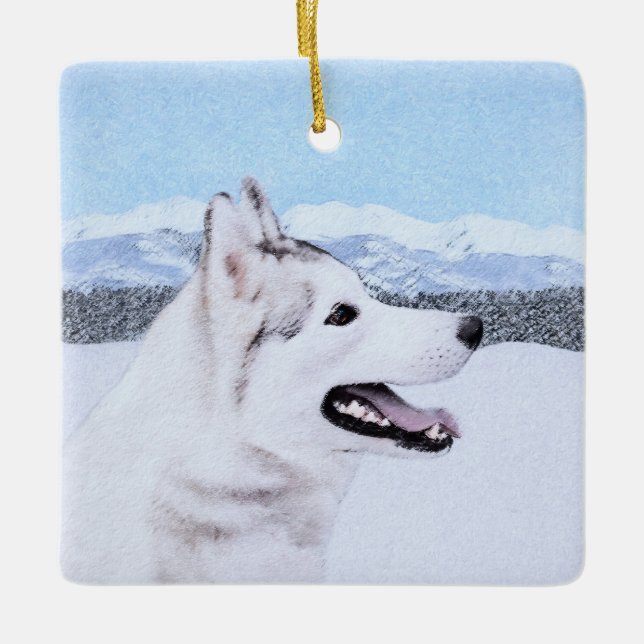 Siberian Husky (Silver and White) Painting Dog Art Ceramic Ornament (Front)