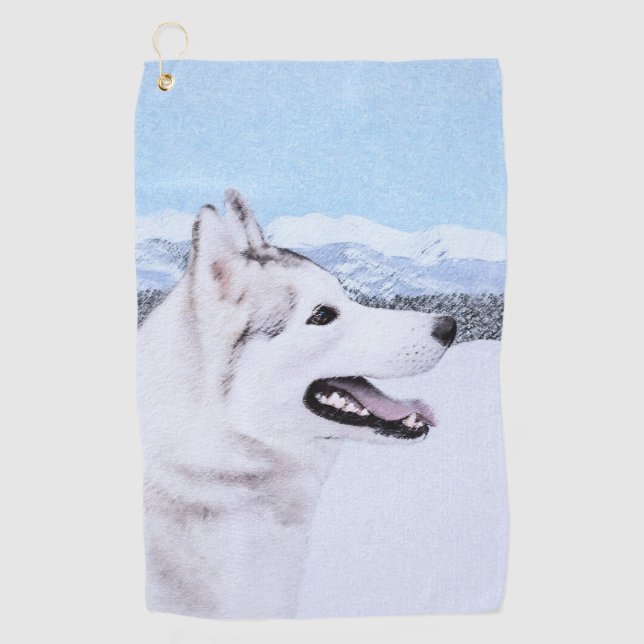 Siberian Husky (Silver and White) Painting Dog Art Golf Towel (Front)