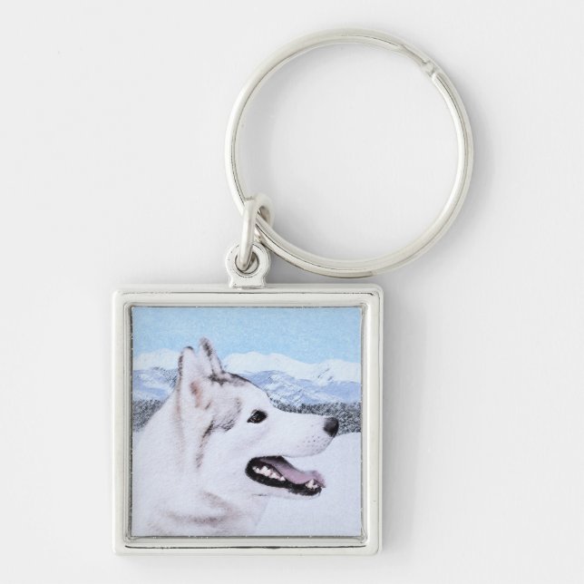 Siberian Husky (Silver and White) Painting Dog Art Key Ring (Front)