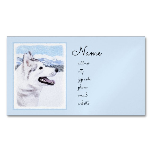 Siberian Husky (Silver and White) Painting Dog Art Magnetic Business Card (Front)