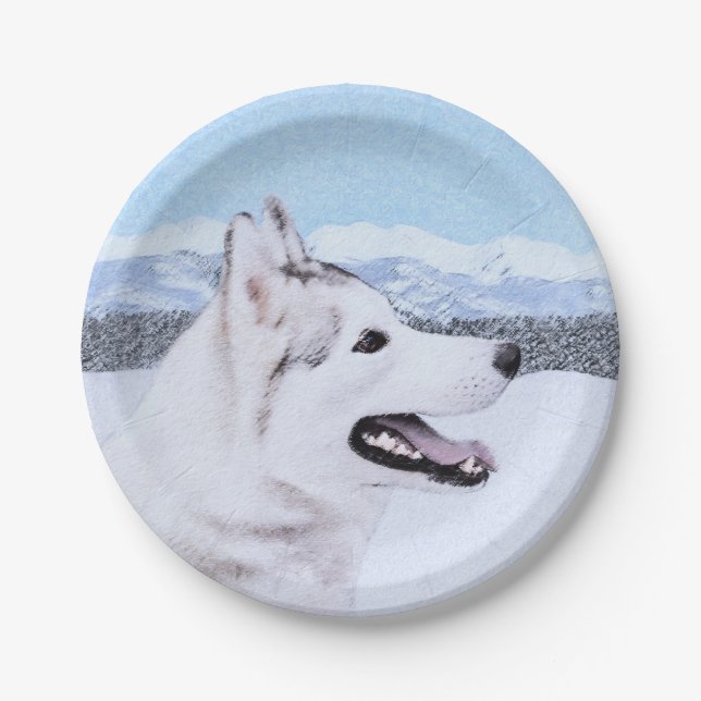Siberian Husky (Silver and White) Painting Dog Art Paper Plate (Front)