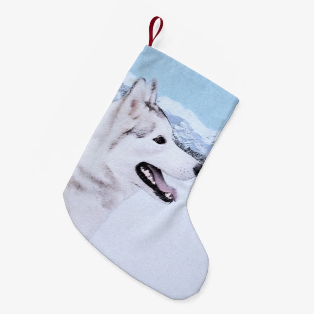 Siberian Husky (Silver and White) Painting Dog Art Small Christmas Stocking (Front (Hanging))