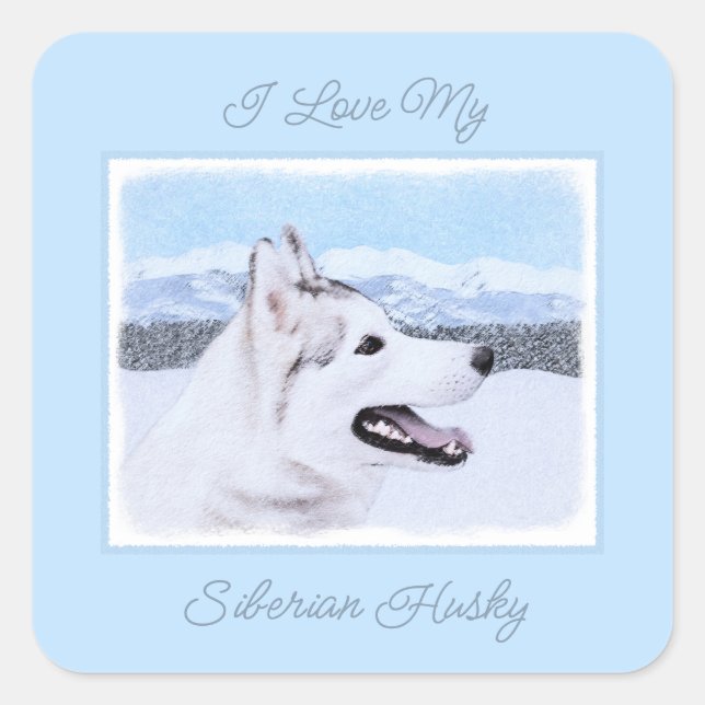 Siberian Husky (Silver and White) Painting Dog Art Square Sticker (Front)