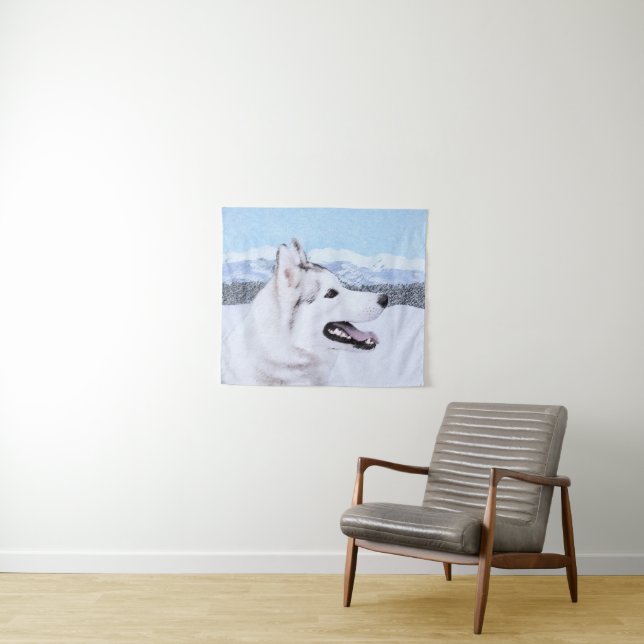 Siberian Husky (Silver and White) Painting Dog Art Tapestry (In Situ (Horizontal))